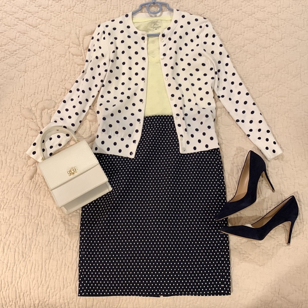 J. Crew no. 2 pencil skirt with polka dot print, navy blue, 6, worn once